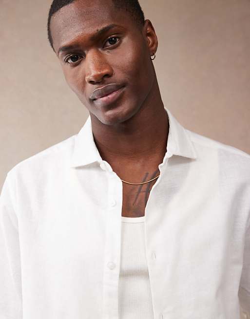DESIGN Smart Linen Look Regular Shirt With Cutaway Collar In White