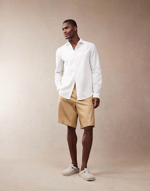 DESIGN Smart Linen Look Regular Shirt With Cutaway Collar In White