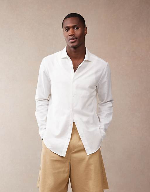 DESIGN smart linen look regular shirt with cutaway collar in white