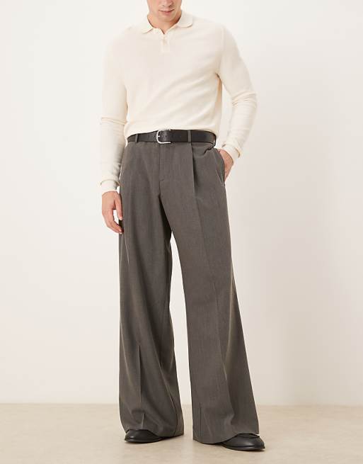 DESIGN Smart Loose Leg Trousers With Front Pleat In Grey Twill