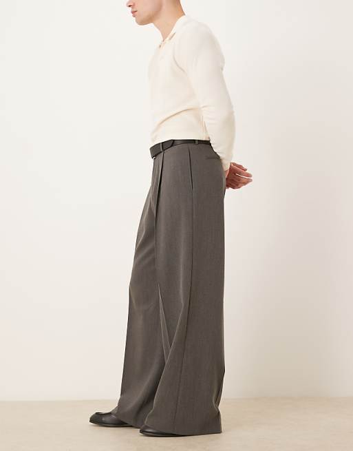 DESIGN Smart Loose Leg Trousers With Front Pleat In Grey Twill
