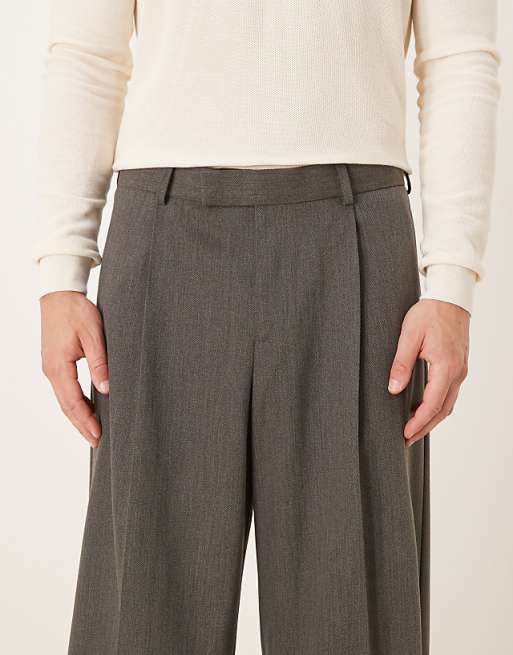 DESIGN Smart Loose Leg Trousers With Front Pleat In Grey Twill
