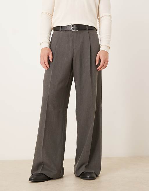 DESIGN smart loose leg trousers with front pleat in grey twill