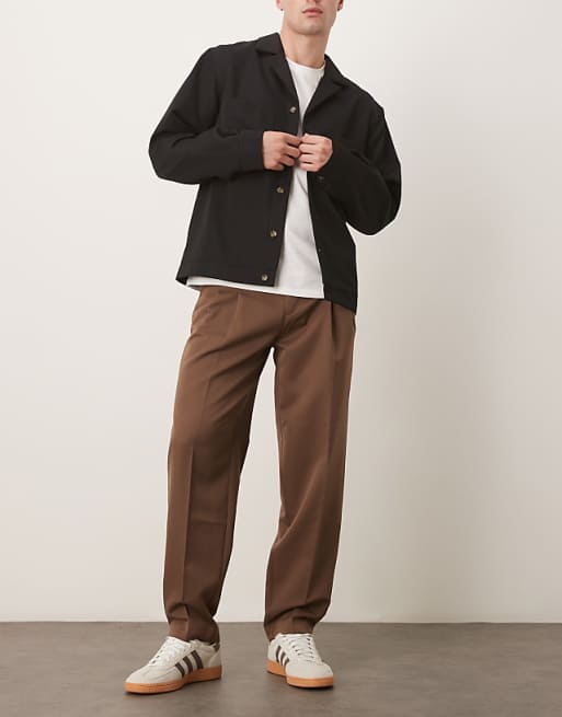 DESIGN Smart Oversized Tapered Trousers With Double Pleats In Brown