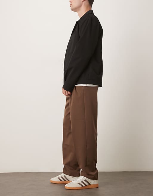 DESIGN Smart Oversized Tapered Trousers With Double Pleats In Brown