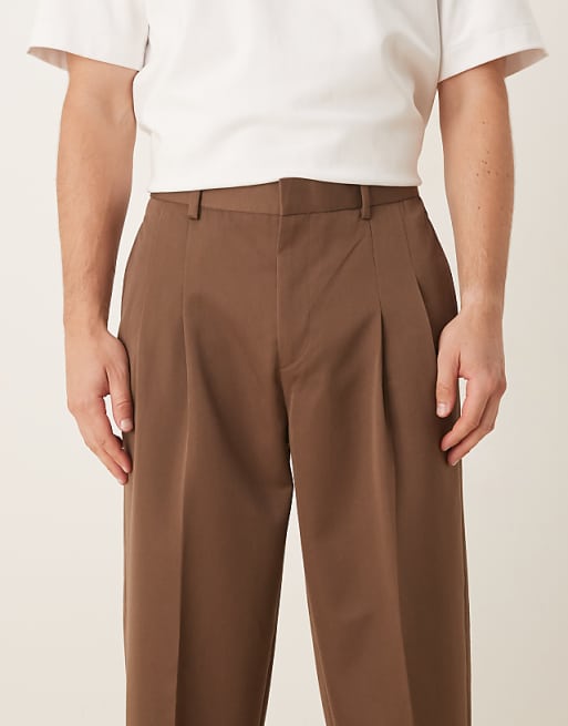 DESIGN Smart Oversized Tapered Trousers With Double Pleats In Brown