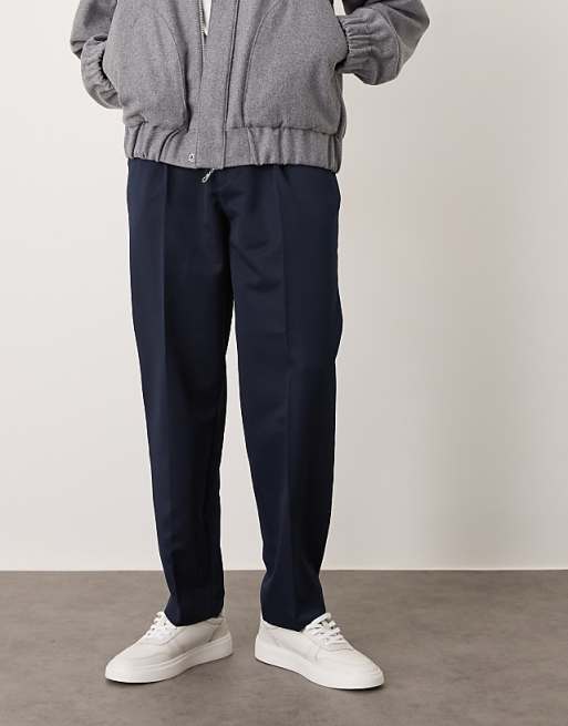 DESIGN Smart Oversized Tapered Trousers With Front Pleats In Navy