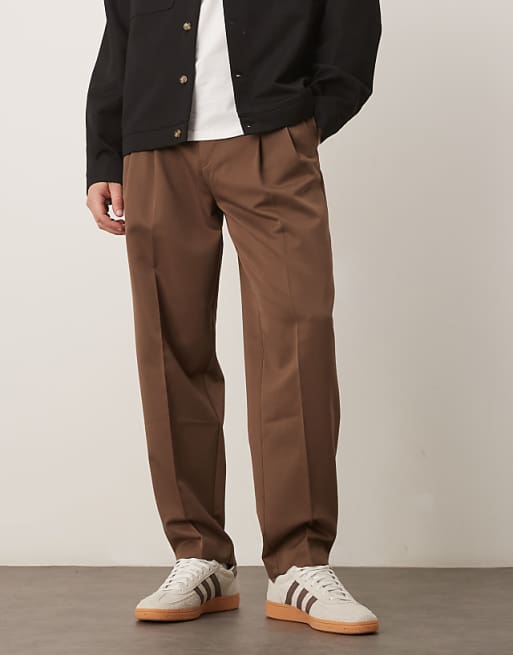 DESIGN smart oversized tapered trousers with double pleats in brown