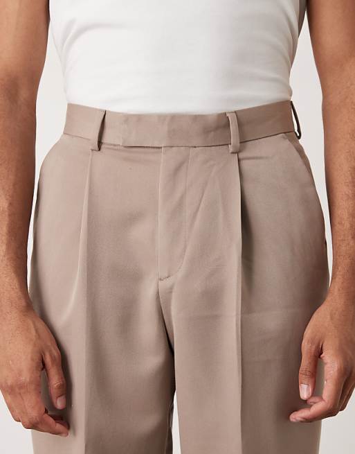 DESIGN Smart Relaxed Tapered Fit Trousers With Front Pleats In Dark Stone