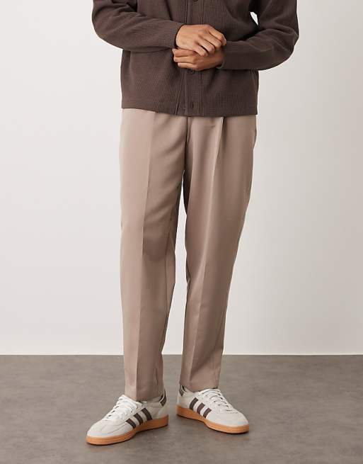 DESIGN smart relaxed tapered fit trousers with front pleats in dark stone