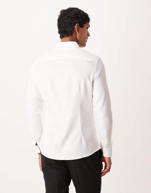 DESIGN Smart Slim Herringbone Easy Iron Shirt In White