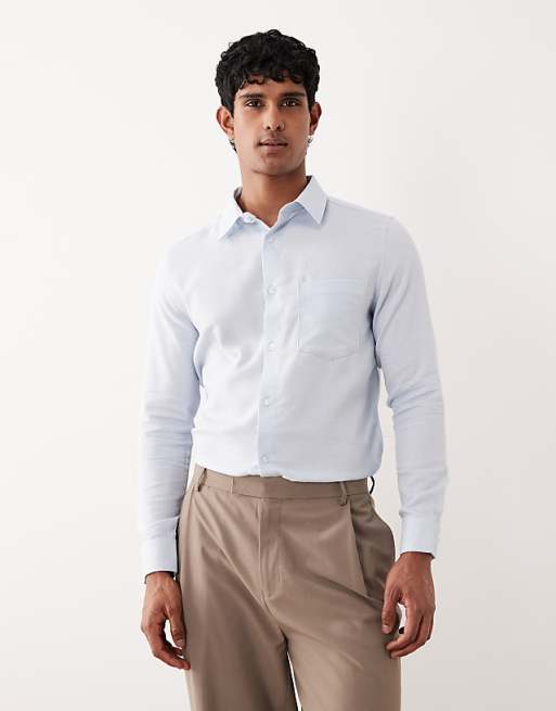 DESIGN smart slim herringbone easy iron shirt in blue