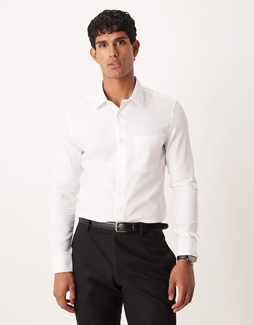 DESIGN smart slim herringbone easy iron shirt in white
