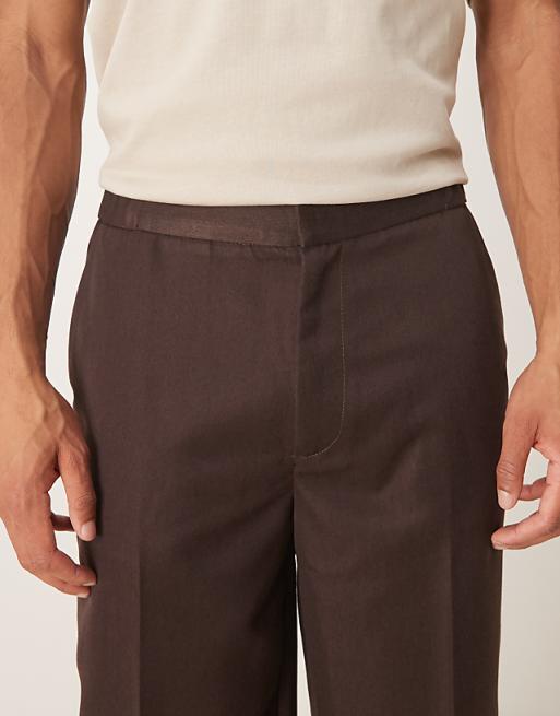 DESIGN Smart Straight Leg Trouser With Part Elastic Waistband And Cuff In Brown