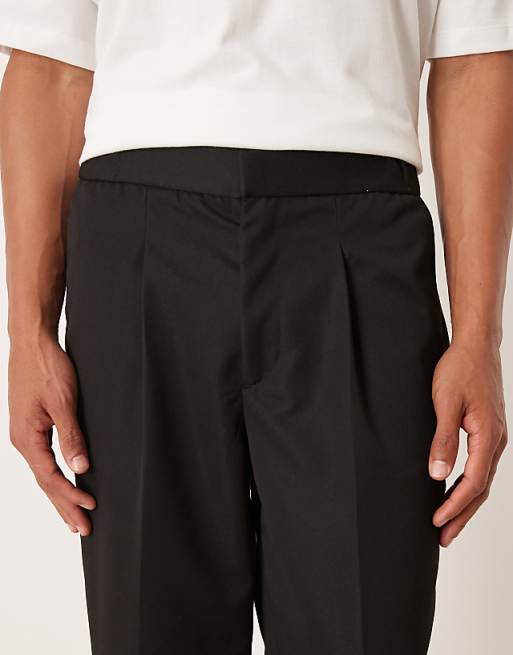 DESIGN Smart Straight Leg Trouser With Part Elastic Waistband In Black
