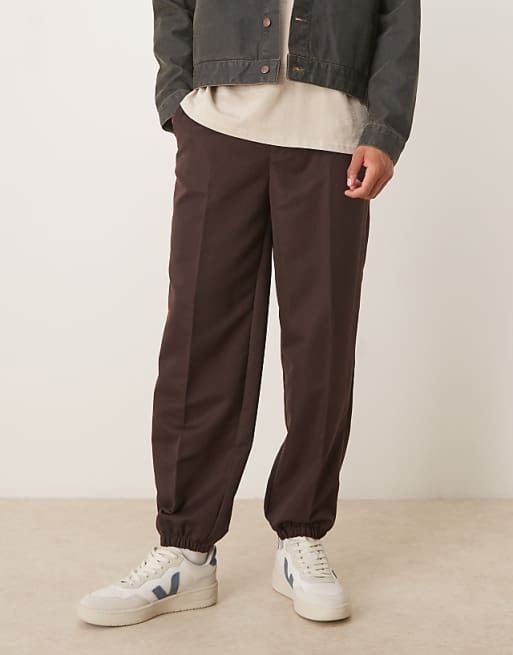 DESIGN smart straight leg trouser with part elastic waistband and cuff in brown