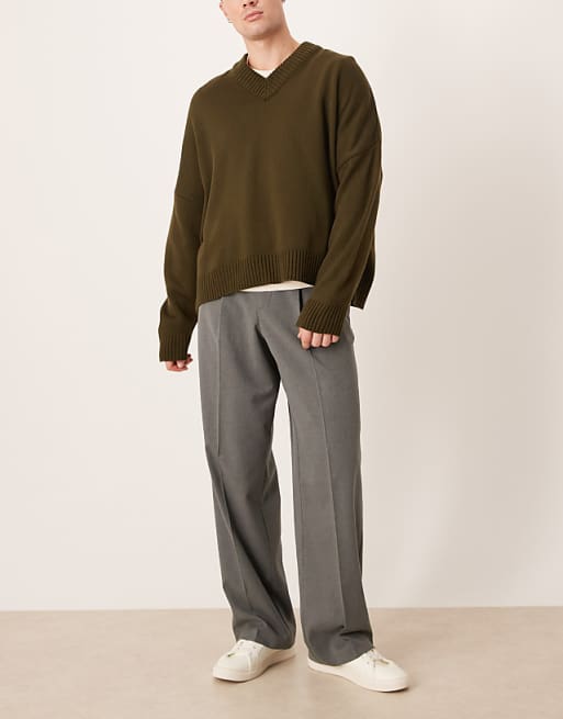 DESIGN Smart Wide Leg Flannel Trousers With Side Adjuster Detail In Grey