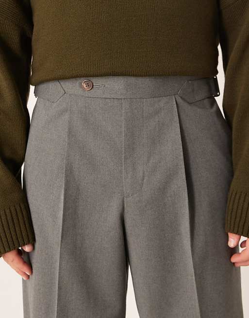 DESIGN Smart Wide Leg Flannel Trousers With Side Adjuster Detail In Grey
