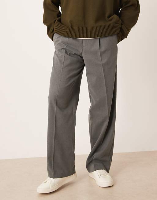 DESIGN smart wide leg flannel trousers with side adjuster detail in grey