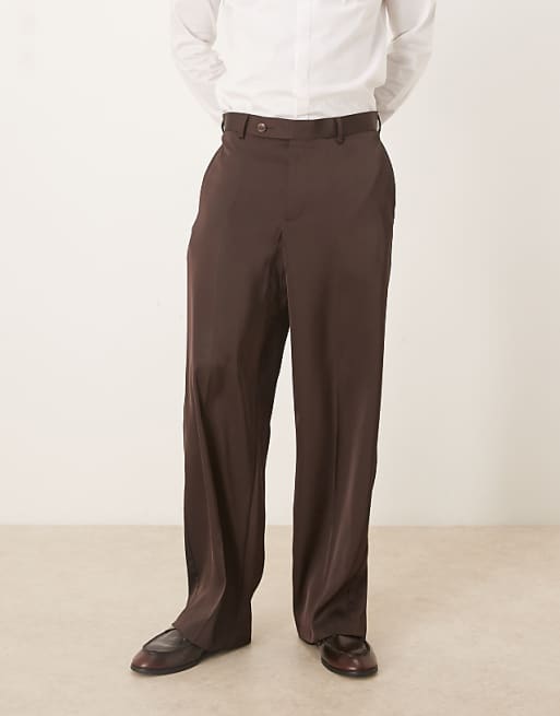 DESIGN Smart Wide Leg Trousers In Dark Brown Satin