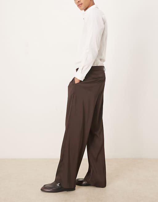 DESIGN Smart Wide Leg Trousers In Dark Brown Satin