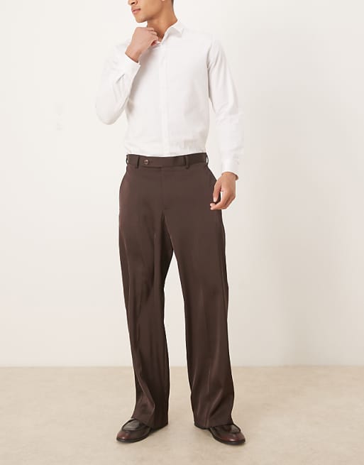 DESIGN smart wide leg trousers in dark brown satin