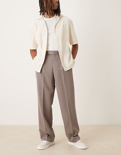 DESIGN Smart Wide Leg Trousers With Double Pleats In Brown