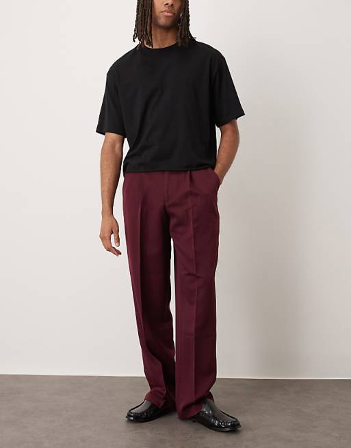 DESIGN Smart Wide Leg Trousers With Front Pleats In Burgundy