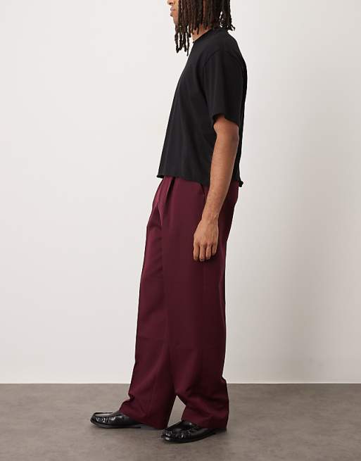 DESIGN Smart Wide Leg Trousers With Front Pleats In Burgundy