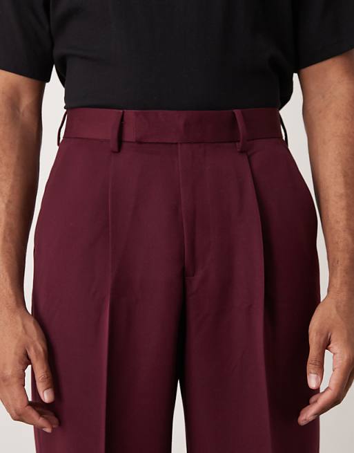 DESIGN Smart Wide Leg Trousers With Front Pleats In Burgundy