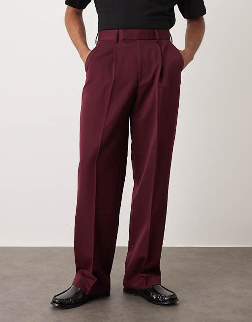 DESIGN smart wide leg trousers with front pleats in burgundy