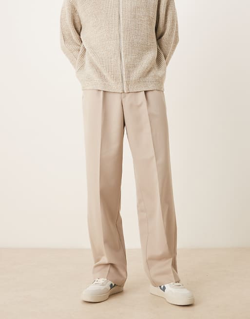 DESIGN smart wide leg trousers with front pleats in stone