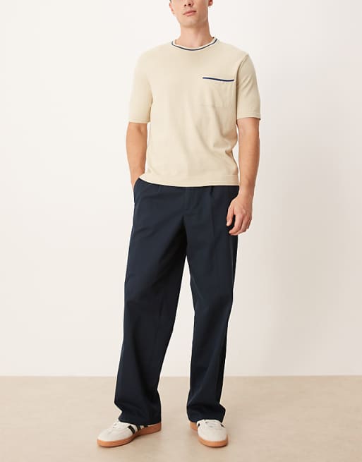 DESIGN Smart Wide Leg Trousers With Pleats In Navy