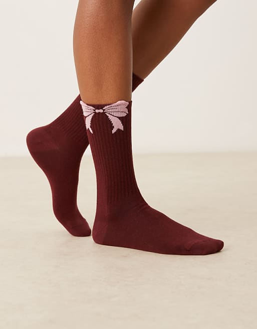 DESIGN socks with bow design in burgundy and pink