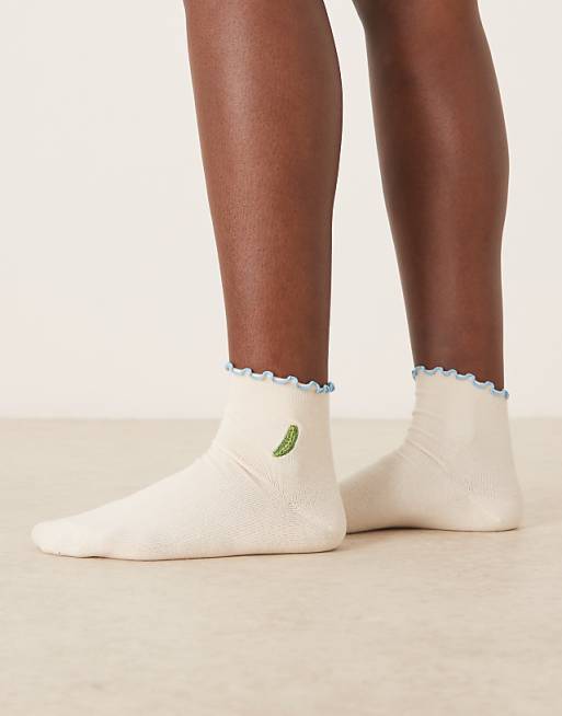 DESIGN socks with embroidered pickle design and frill edge in light blue