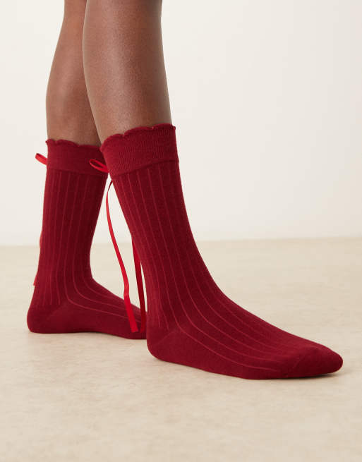 DESIGN Socks With Ribbon Detail In Wine Red