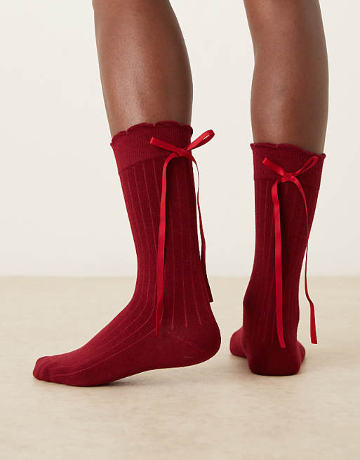 DESIGN socks with ribbon detail in wine red