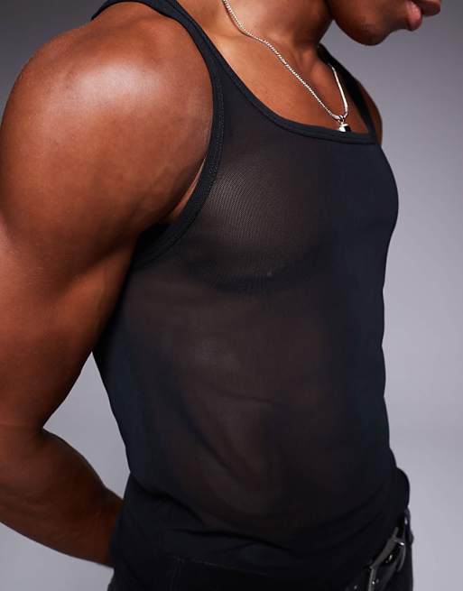 DESIGN Square Neck Muscle Fit Vest In Black Mesh