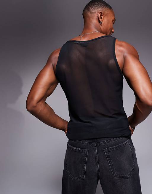 DESIGN Square Neck Muscle Fit Vest In Black Mesh