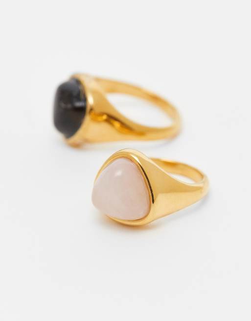 DESIGN Stainless Steel 2 Pack Of Rings With Real Semi Precious Stones In Gold Tone
