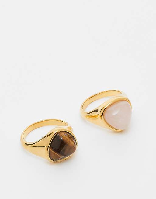 DESIGN stainless steel 2 pack of rings with real semi precious stones in gold tone