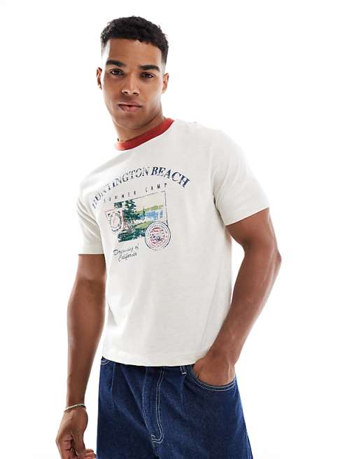 DESIGN standard cropped t-shirt with chest print in oatmeal marl