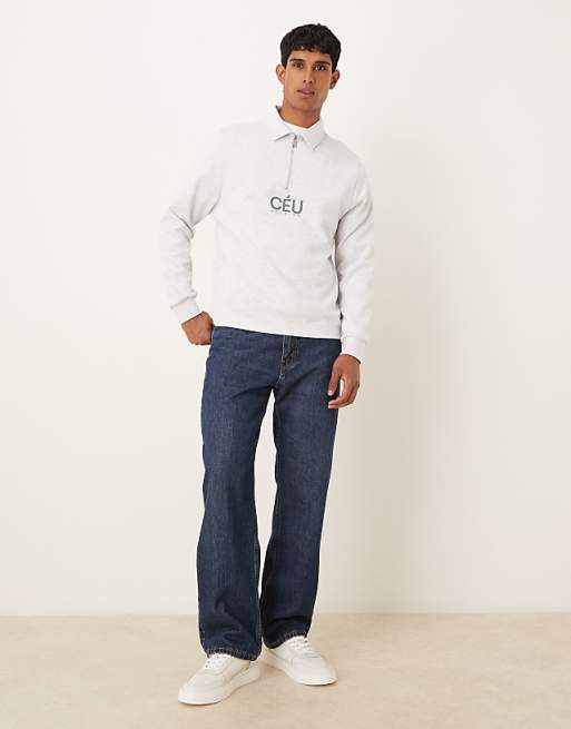 DESIGN Standard Fit Scuba-style Fabric 1/4 Zip Sweatshirt With Print In Grey Marl