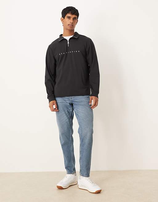 DESIGN Standard Fit Scuba-style Fabric 1/4 Zip Sweatshirt With Print N Black