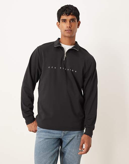 DESIGN standard fit scuba-style fabric 1/4 zip sweatshirt with print n black