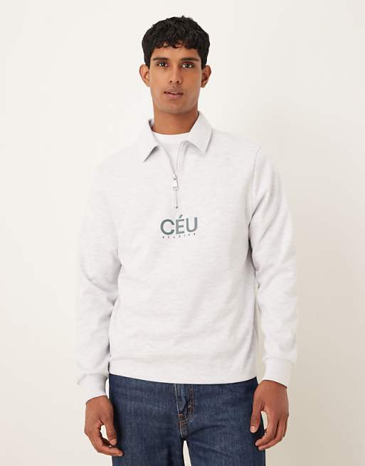 DESIGN standard fit scuba-style fabric 1/4 zip sweatshirt with print in grey marl
