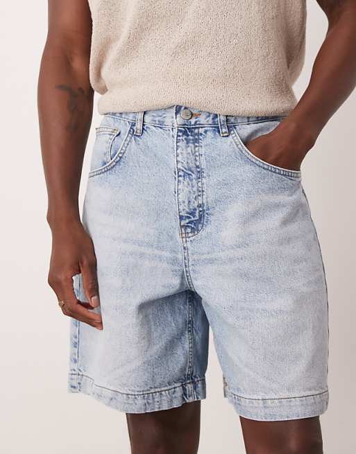 DESIGN Standard Length Denim Fatigue Jorts In Light Wash Blue
