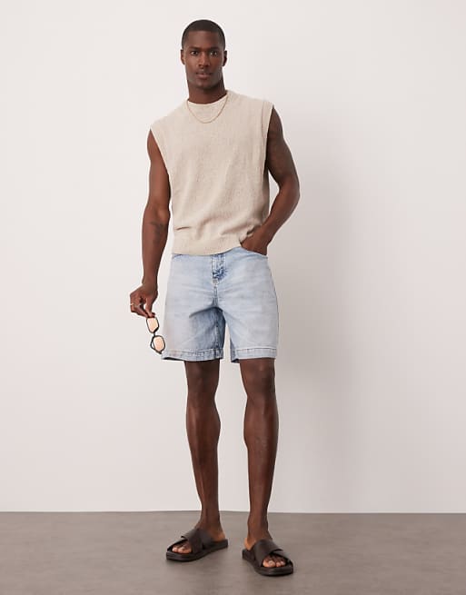 DESIGN standard length denim fatigue jorts in light wash blue