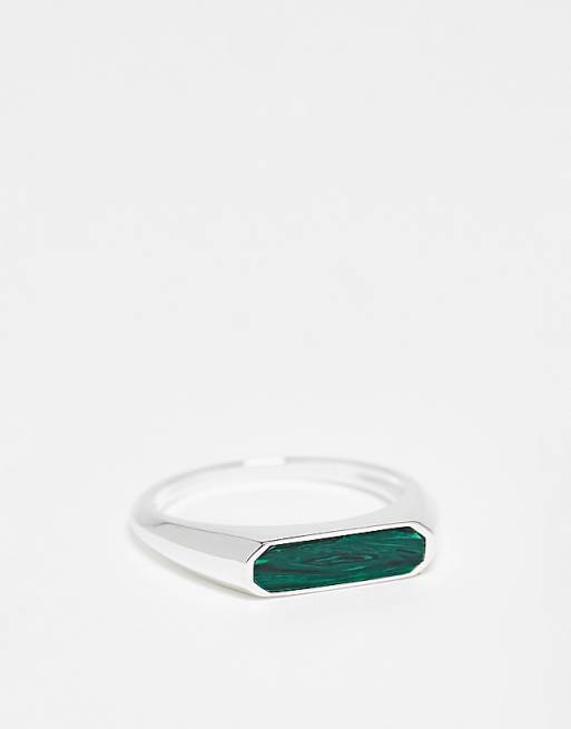 DESIGN sterling silver signet ring with green stone detail in silver tone