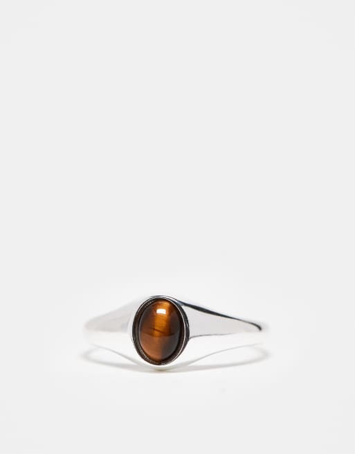 DESIGN Sterling Silver Signet Ring With Semi-precious Tigers Eye Stone In Silver